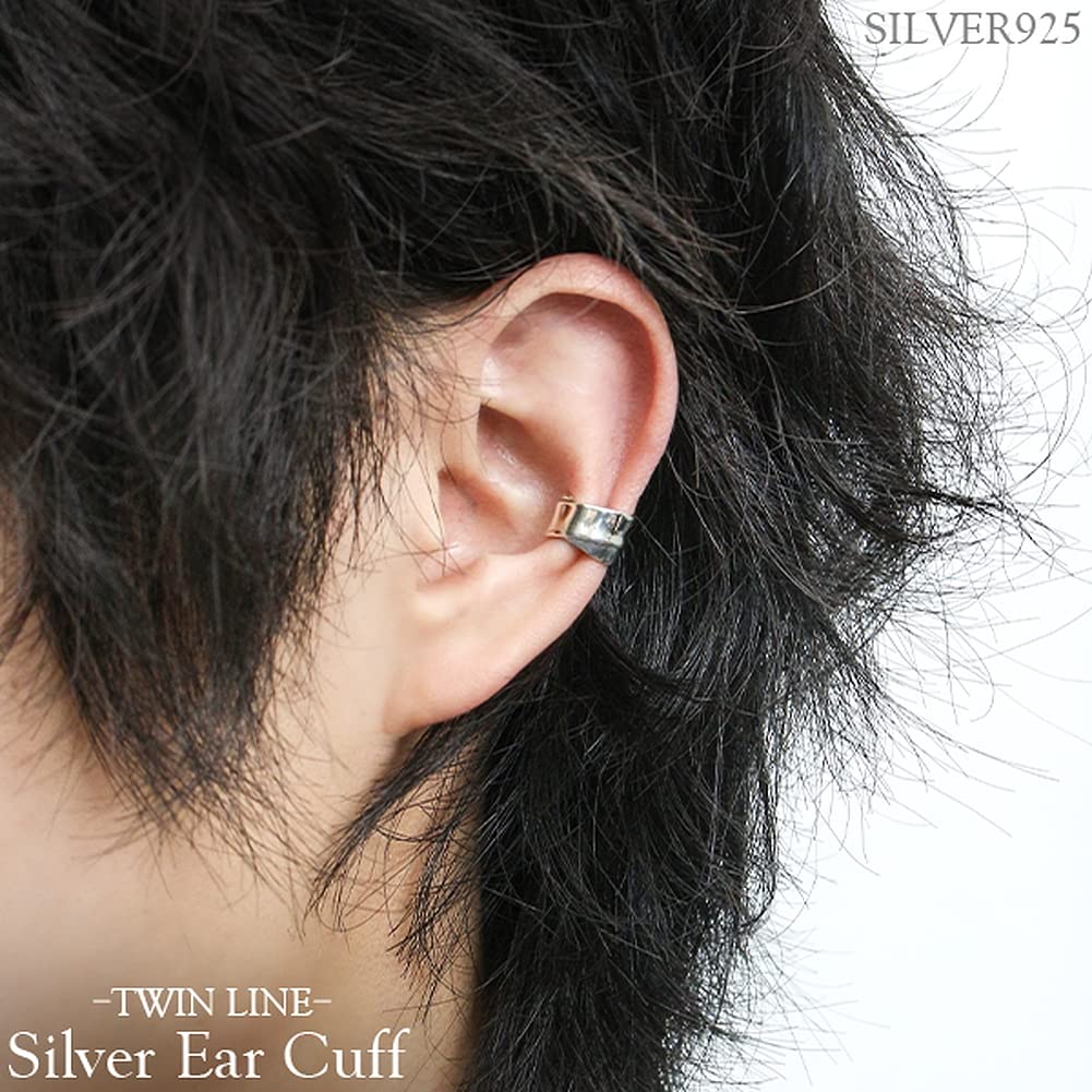 Shinjuku Gin no Kura Reverse Shell Round Twin Line Ear Cuff, Silver 925, Single Ear, Men's, Black, Simple, Non-Pierced Earring