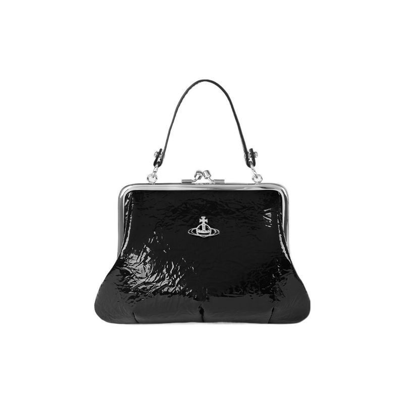 Vivienne Westwood Saturn Logo Pleated Metallic Detachable Chain Shoulder Strap PU Dumpling Bag Women Shoulder Bag Black 52020003S000WN404