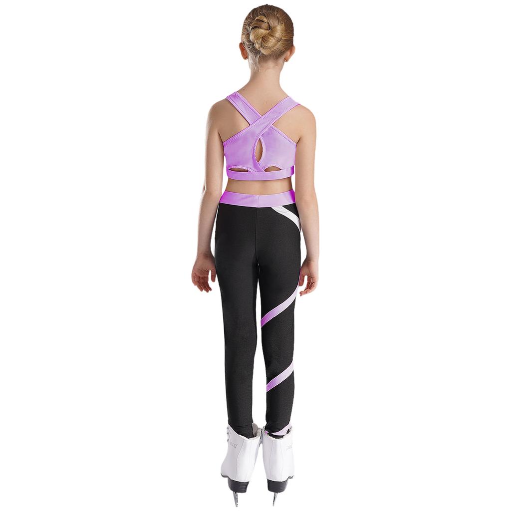Girls Crop Top U Neck Cross Straps Keyhole Back Sleeveless Color Block Leggings Yoga Sports Set