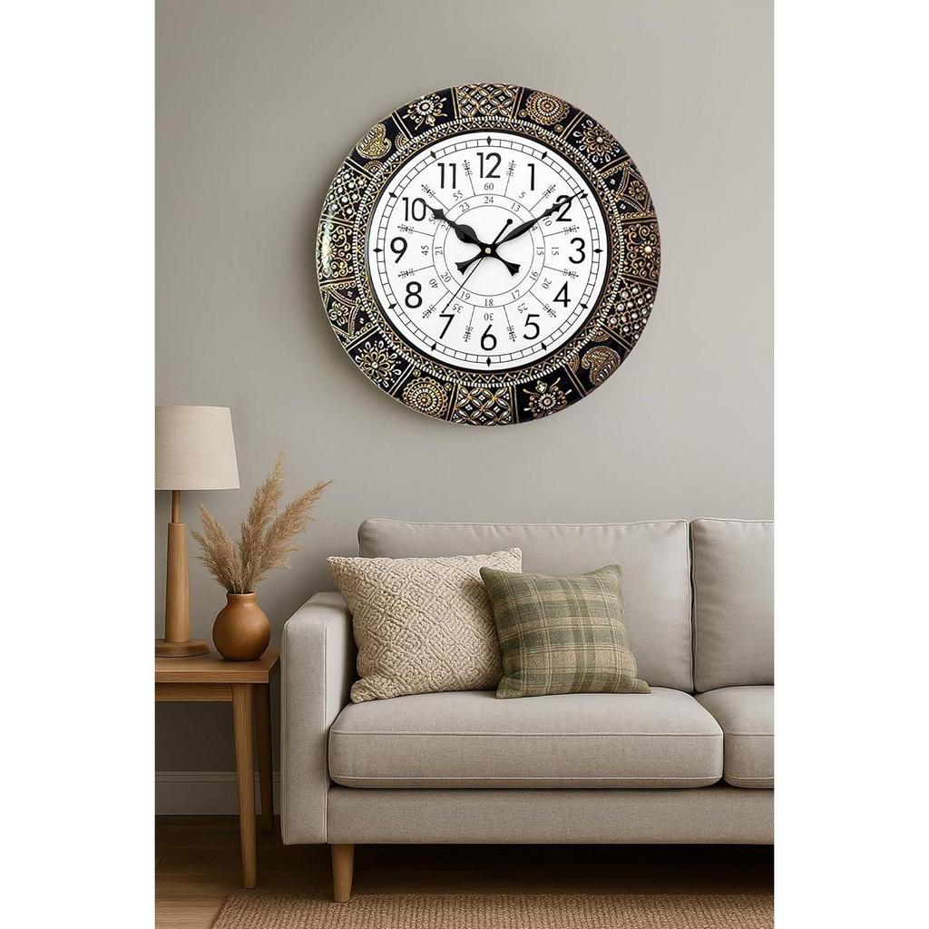 Этнические дизайнерские настенные часы ручной работы с цветочной росписью в стиле Раджастхани | Черные деревянные настенные часы для гостиной | 24 часа | 16 дюймов | Винтажный дизайн
