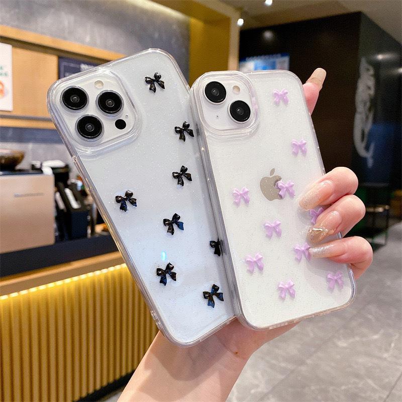 Блестящий Розовый Маленький Бант Чехол для Телефона для IPhone17promax Маленький Свежий Стиль для Apple 16 Прозрачный Противоударный 15