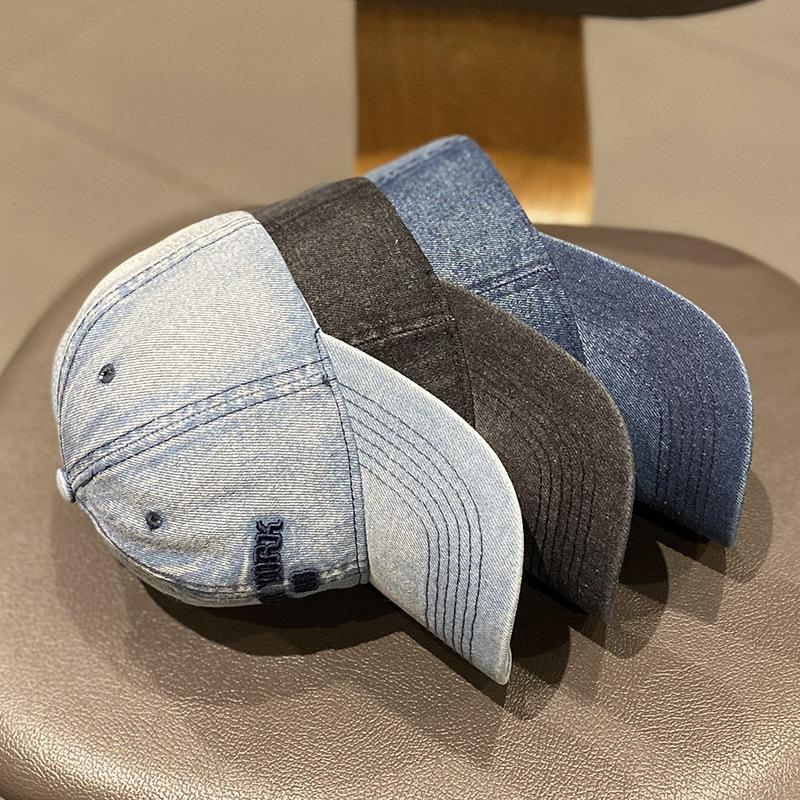 Korean Spring and Autumn Washed Denim Embroidered Letter Baseball Cap for Women, Sunshade Casual Duckbill Cap for Men, Trendy