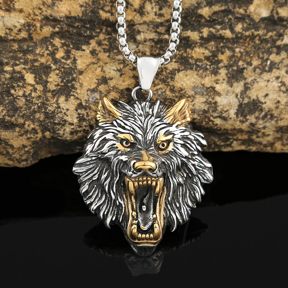 Nordic Hip Hop Retro Titanium Steel Men's Necklace Does Not Fade Domineering Personality Stainless Steel Viking Wolf Head Pendant