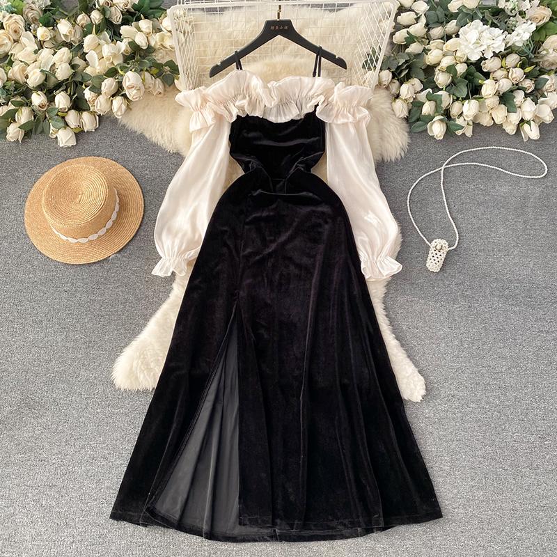 Elegant Ruffle Patchwork Velvet Dress Women Contrast Color Long Sleeve Split Evening Dresses Autumn Winter New Sweet Red Prom Clothes