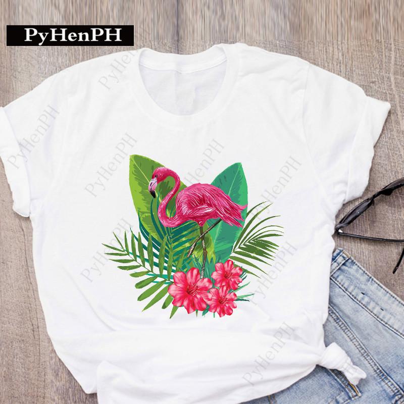 Ins New Fashion Flamingo T-shirt Short-sleeved Female Student Innerwear T-shirt on The Street Women Clothing