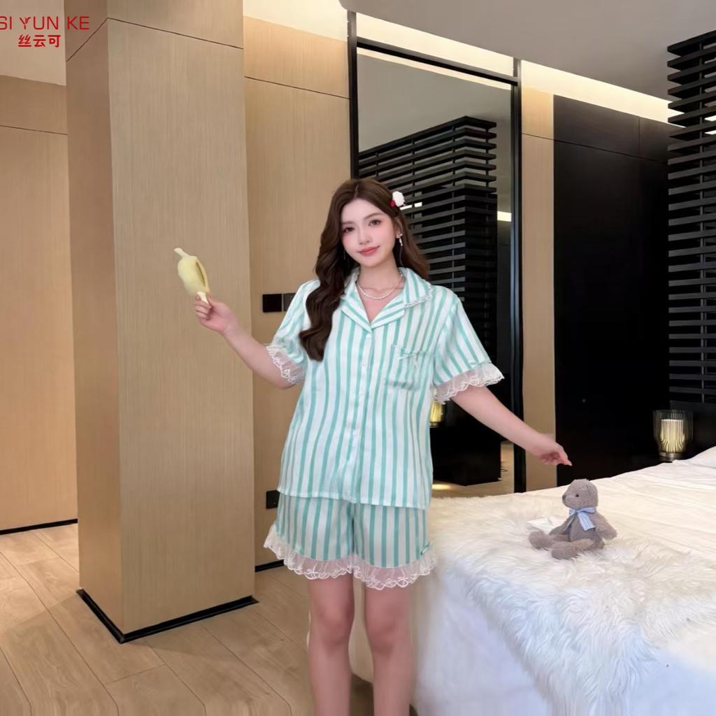 [Sweet Strip Sauce] Summer's new women's striped bow polka dot Korean version of pink short-sleeved lace sweet wind pajamas