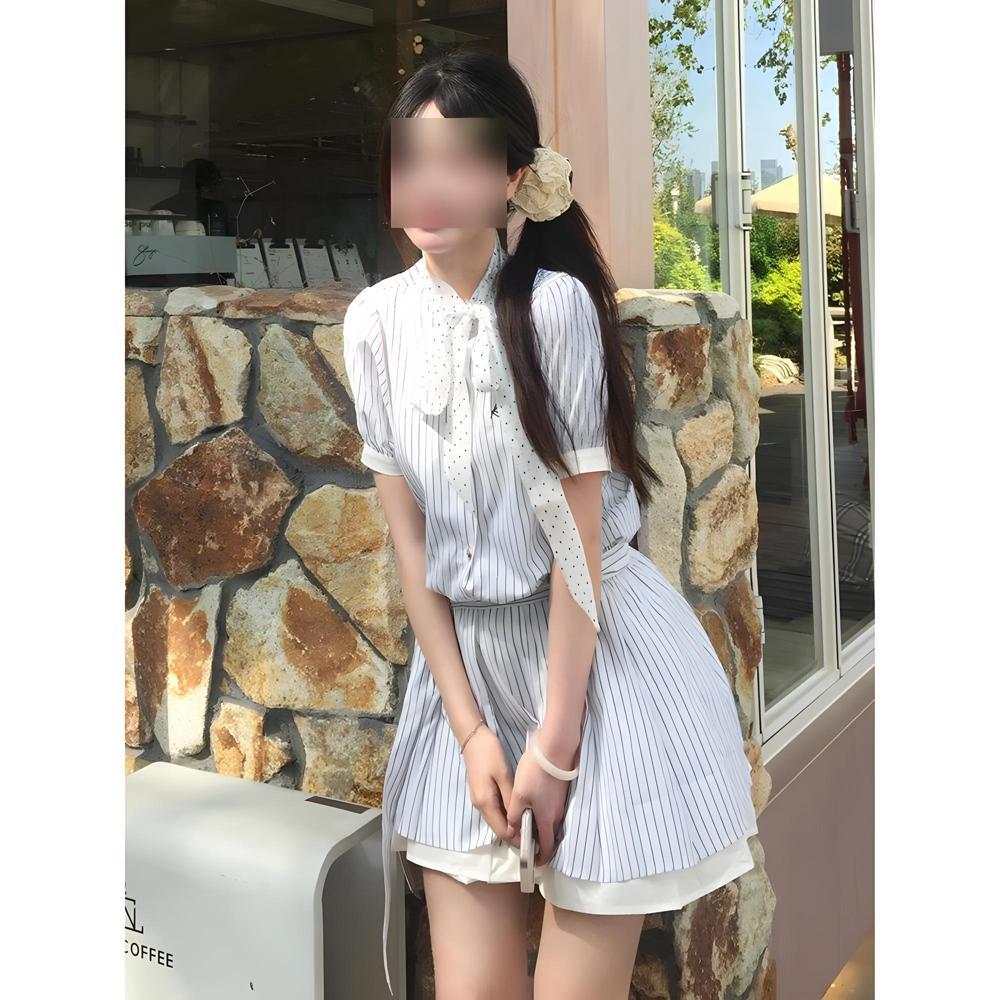 Sweet College Style Striped Shirt Dress Women's Summer Casual Style New Popular Beautiful Waist Skirt