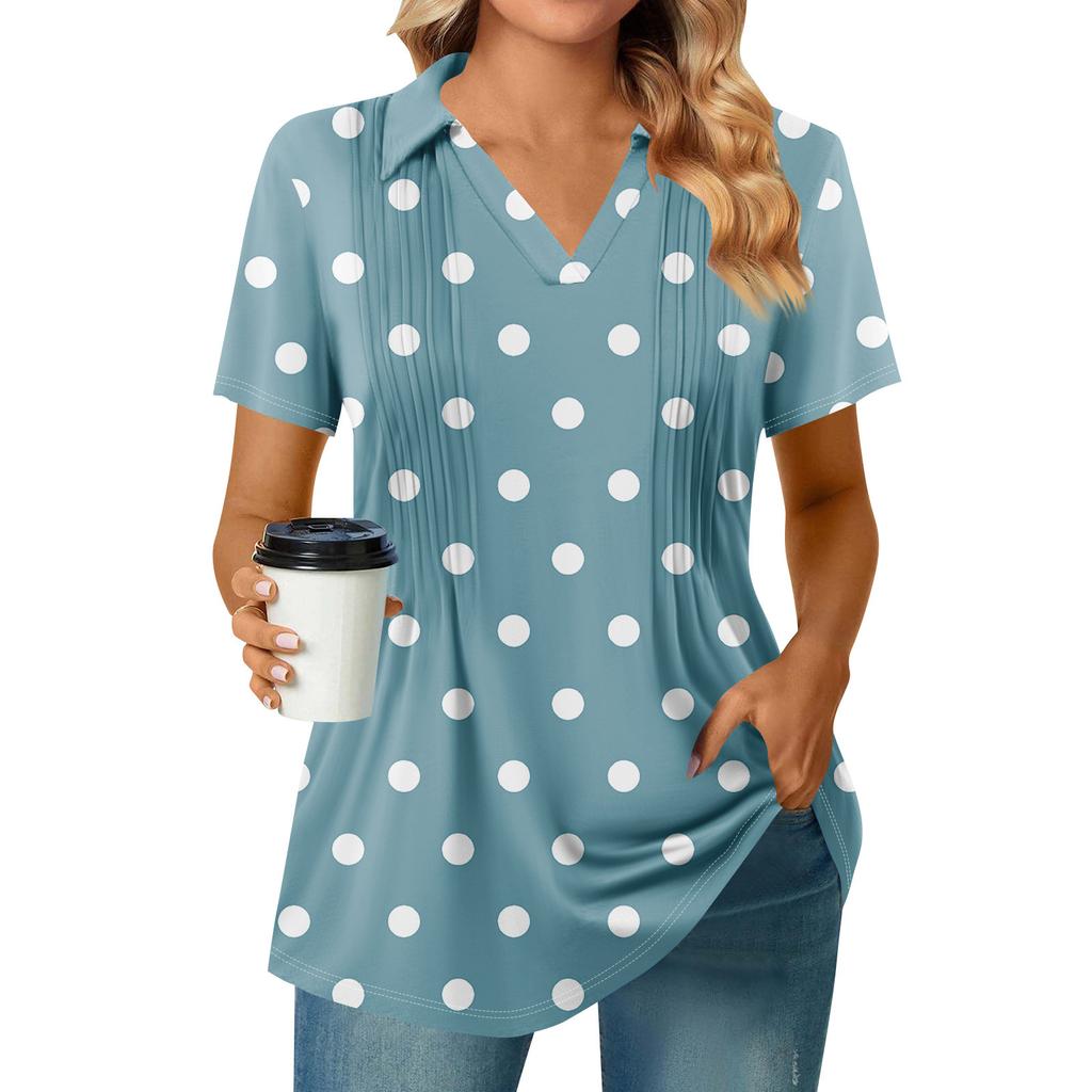 Женские футболки с коротким рукавом, плиссированные, с V-образным вырезом, с принтом, с воротником, летние топы, модные, деловые, повседневные, рабочие