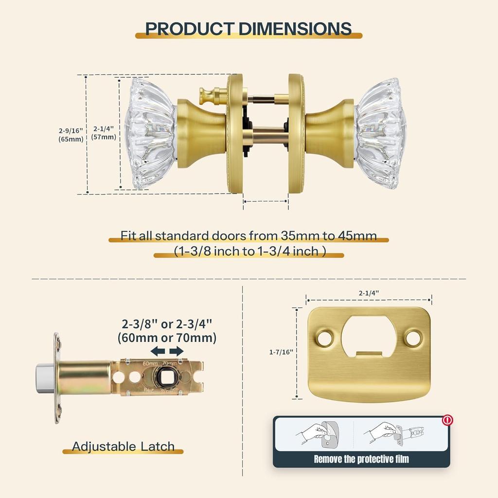 Privacy Crystal Door Knob, Gold Vintage Crystal Door Knob with Privacy Lock, Glass Doorknob Interior for Bathroom, Bedroom, Satin Brass