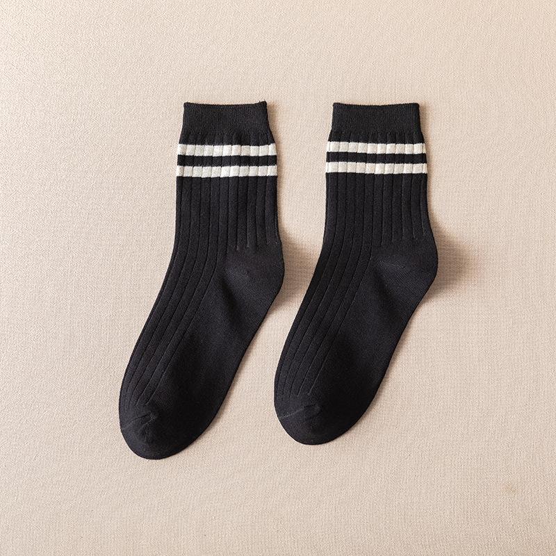 Men's Spring and Autumn Mid-length Socks, Classic Two-bar Sweat-absorbing and Breathable Sports Stockings, Versatile Cotton Socks