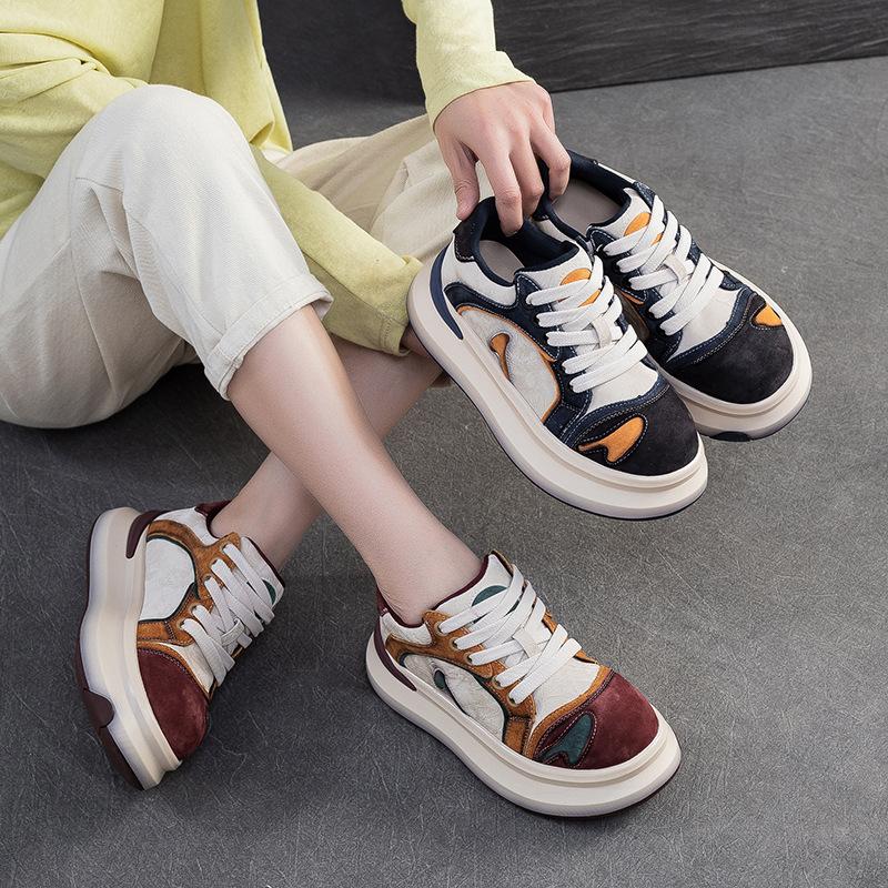 Fashion GKTINOO Lace-up Shoes Women Sneakers Genuine Leather Mixed Colors Spring Autumn Handmade Comfortable Retro Platform Sneakers