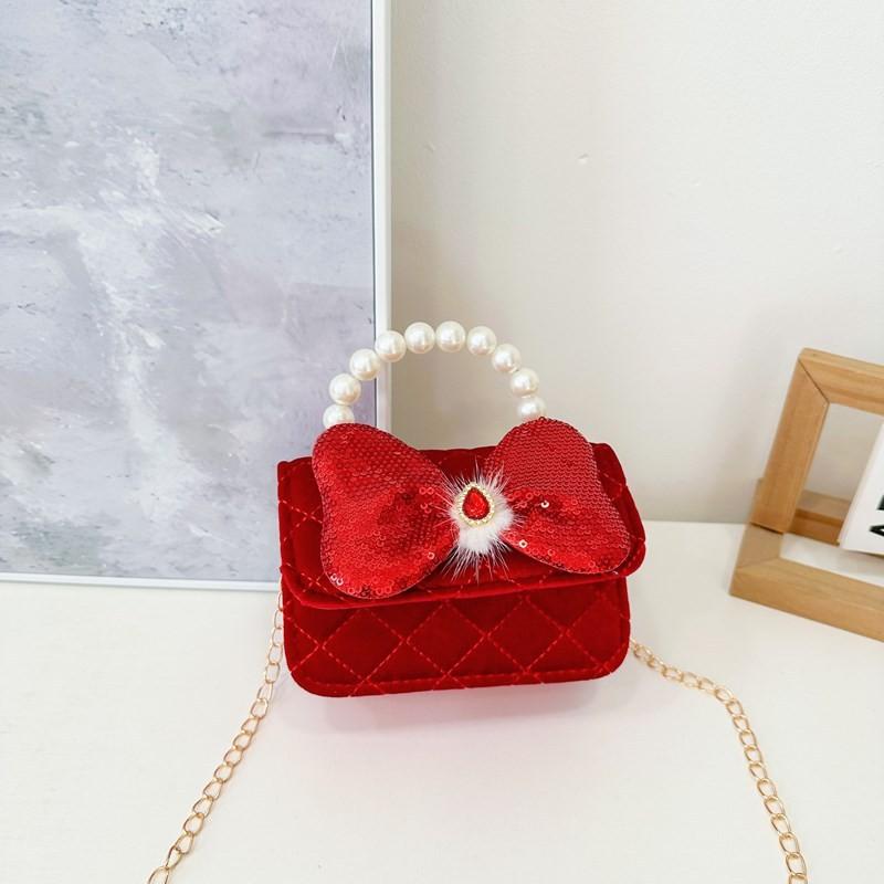 Red Delightful Cute Bowknot Childrens Handbag With Trendy Chain And Pearl Handle