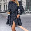 Women Autumn Winter Long Sleeve Print Elegant V-neck A-Line Mid-Length High Waist Dress