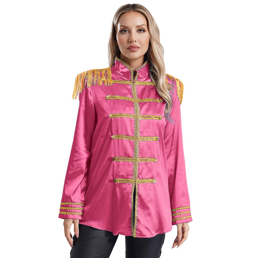 Womens Halloween Medieval Style Outerwear Tassel Shoulder Pads Gold Trim Front Zip Satin Jacket