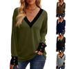 Women's Fashion Plus V-neck Button Up Long Sleeved Color Blocked Pullover T-shirt Top