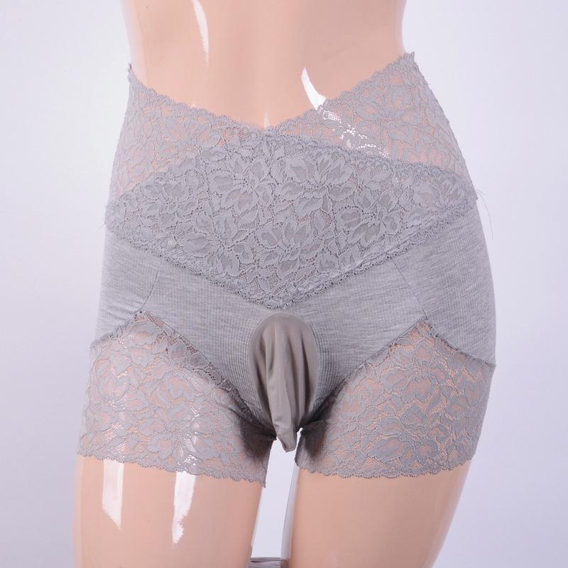 Summer Men's Silk Stockings Underwear Sexy Lace Sheer Cross High Waist Elastic Slim Physiological Flat Angle Shorts KSG4
