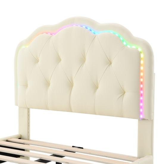 Girls Bed Upholstered Running Light Effect Higher Feet Without Mattress Wavy Headboard Princess Changing LED Strip Sleep Faux Leather Dorm Apartment