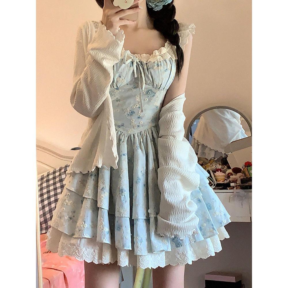 Французское милое цветочное платье с маленькими рукавами-крылышками, летнее новое платье с талией, создающее ощущение дочери, платье принцессы с пышной юбкой в стиле чистого желания