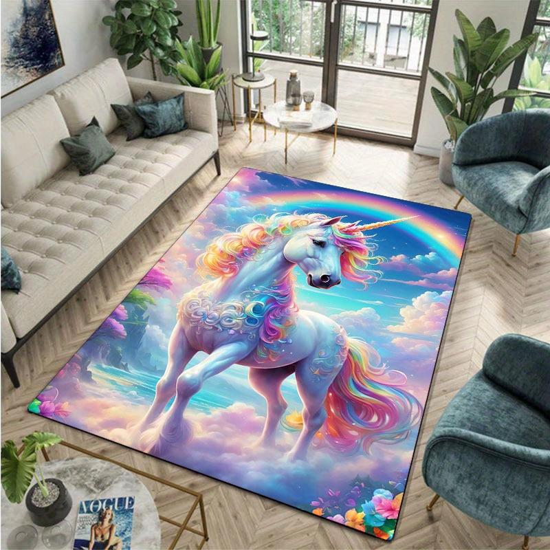 Vibrant Rainbow Unicorn Area Mat - 800g/m² Crystal Velvet, Non-Slip, Washable Floor Mat for Living Room, Bedroom, Yoga, Bathroom
