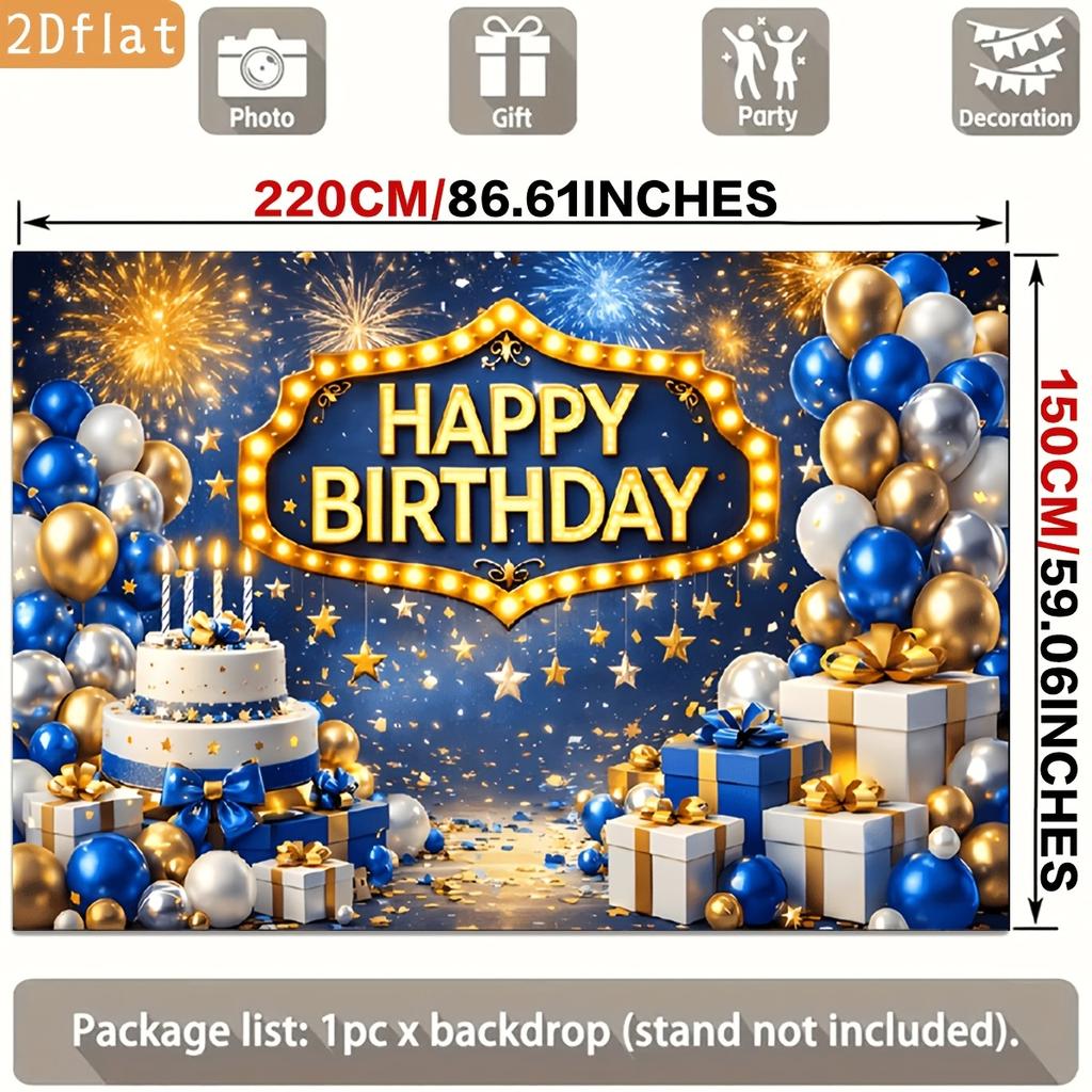 Golden Blue Festive Birthday Celebration with Balloons Gifts Stars Confetti Fireworks Elegant Lighting Sign Polyester Backdrop, for Party