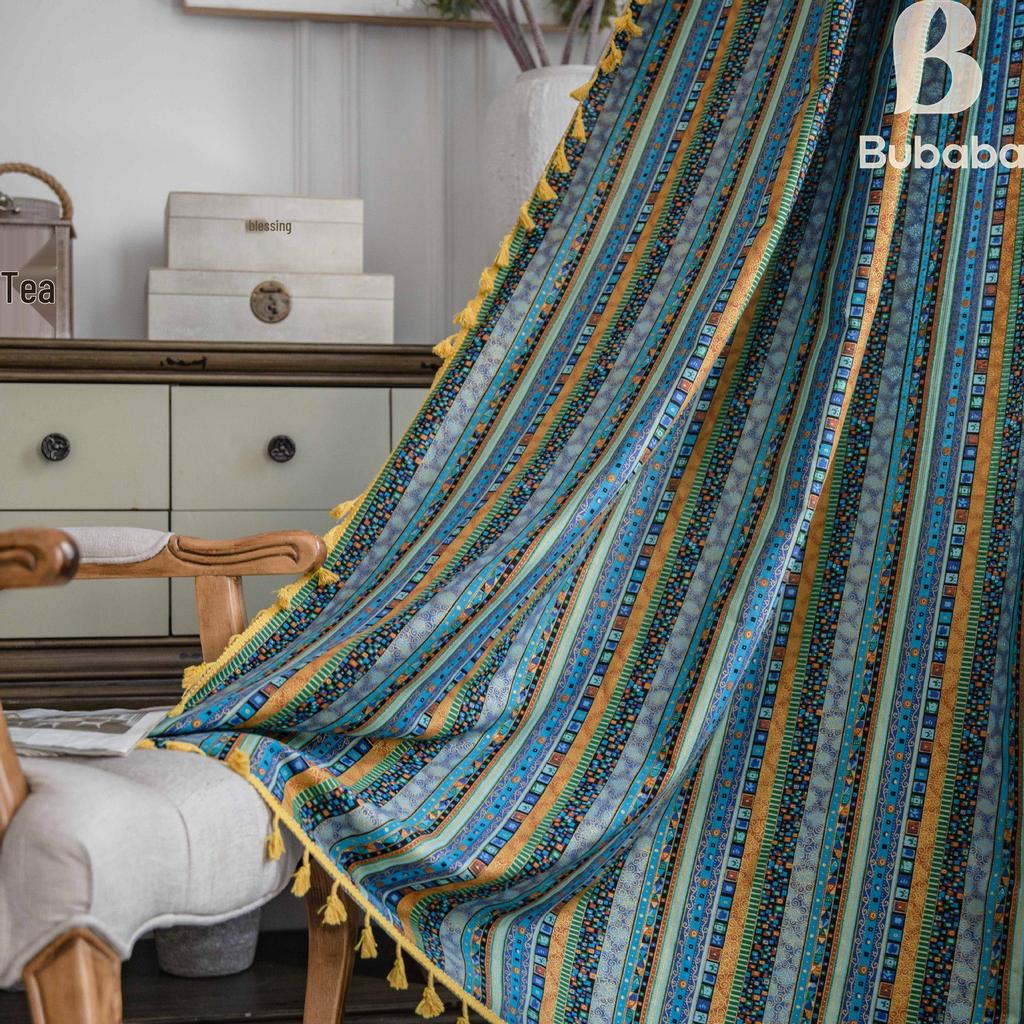 Красные богемные полосатые хлопково-льняные шторы для гостиной - Ретро стиль