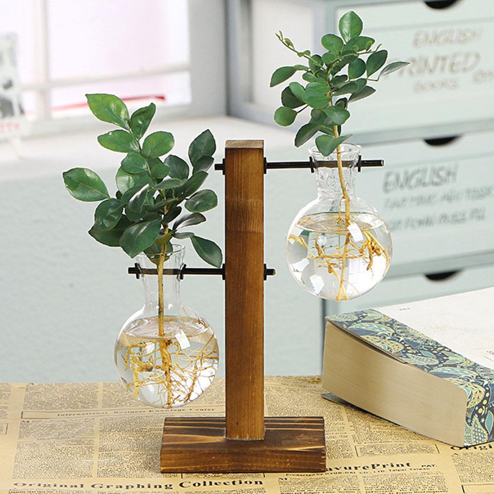 Creative Glass Desktop Planter Bulb Vase Wooden Stand Hydroponic Plant Container Home Tabletop Decor Vase Stand Dropshipping Hot