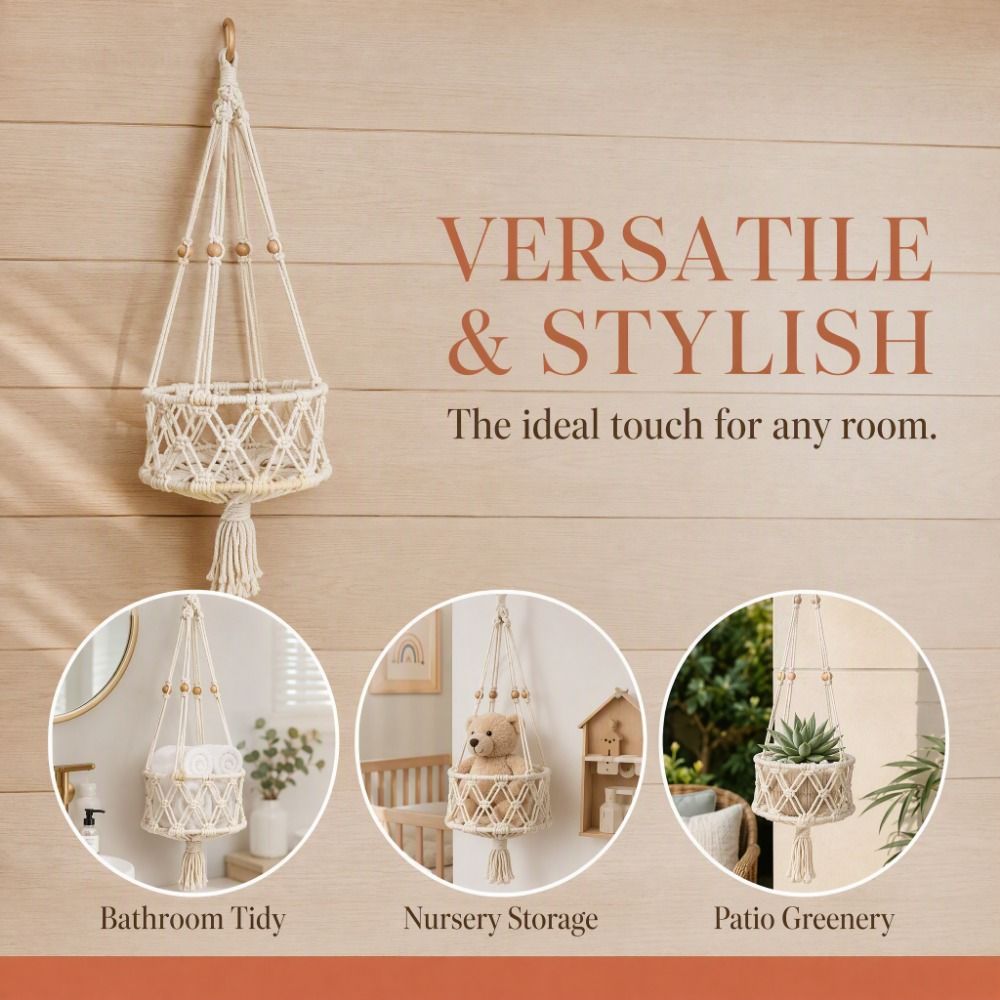 Suspended Macrame Plant Holder Decorative Weaving Storage Basket Fruit Hanging Basket Bathroom