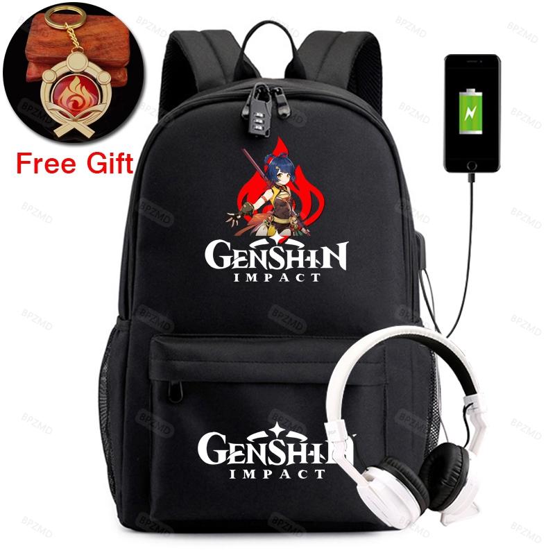Рюкзак Genshin Impact, школьный парусиновый рюкзак для мальчиков и девочек, противоугонный USB-рюкзак, брелок для мужчин и женщин, дорожные сумки