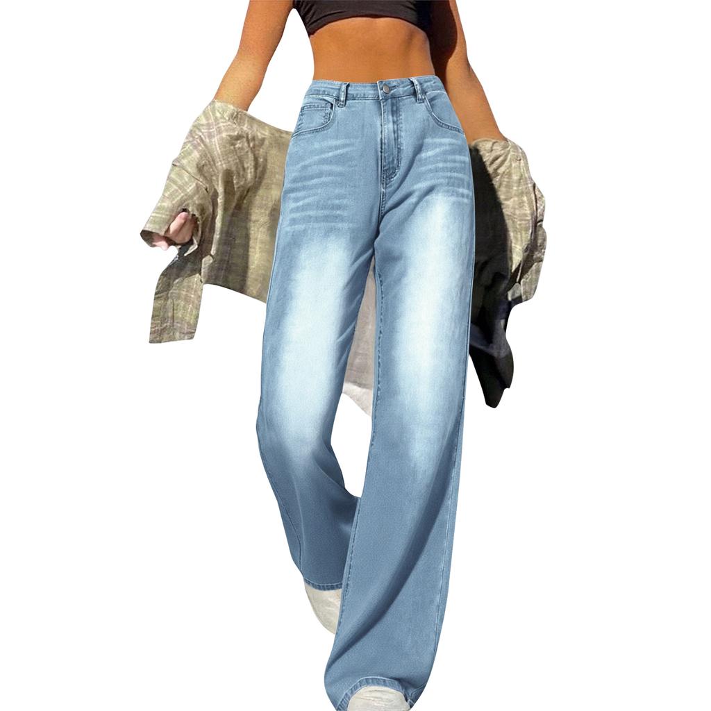 Women's Wide Leg Jeans High Waist Straight Stretch Jeans With Pockets