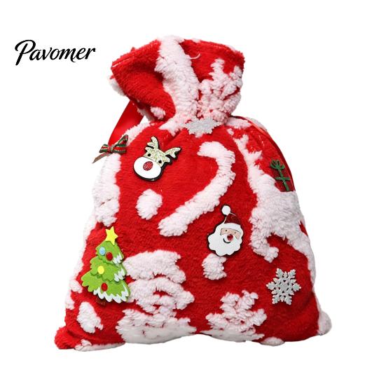 Winter Festival Treat Bags Christmas Plush Gift Bag with Drawstring, Soft Santa Sack for Candy Snowflake Pattern Storage Apples Presents, Reusable