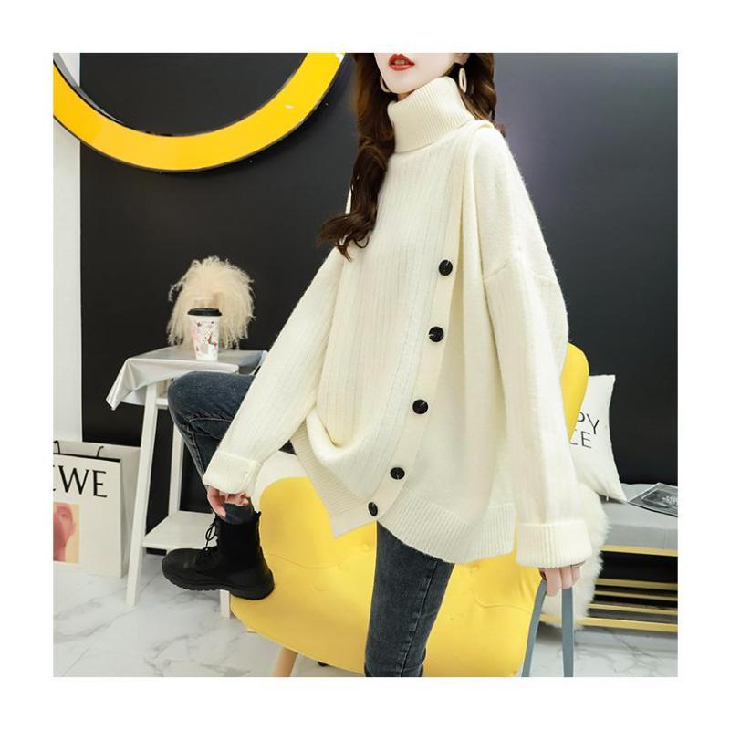 Однотонный свитер, женский свободный верх, комплект ленивого ветра, высокий воротник, корейская версия утолщенных вязаных топов