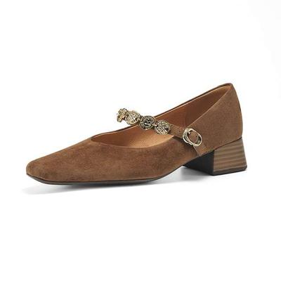 Овечья замша Лето Весна Кристалл Осень Средний каблук Пряжка Ремешки Женские квадратный носок Неглубокие туфли-лодочки