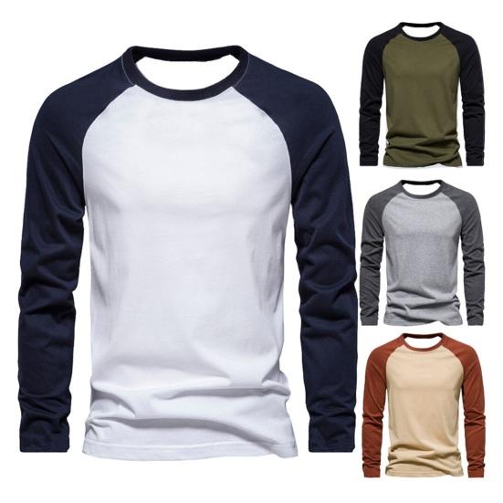Autumn Winter Men Bottoming Top Slim Fit Patchwork O Neck Pullover Stretchy Long Sleeves