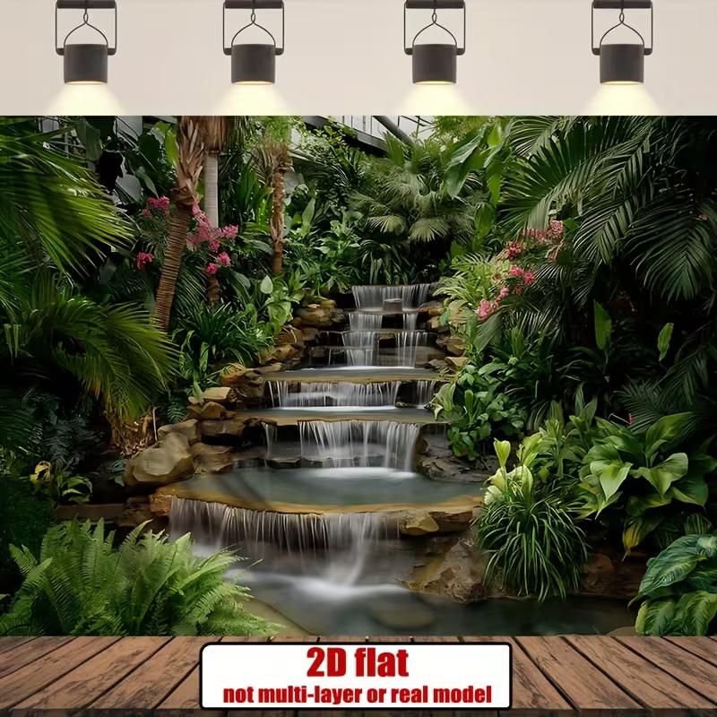 2D Garden Waterfall Backdrop, Tropical Plants & Cascading Waterfall Background Cloth