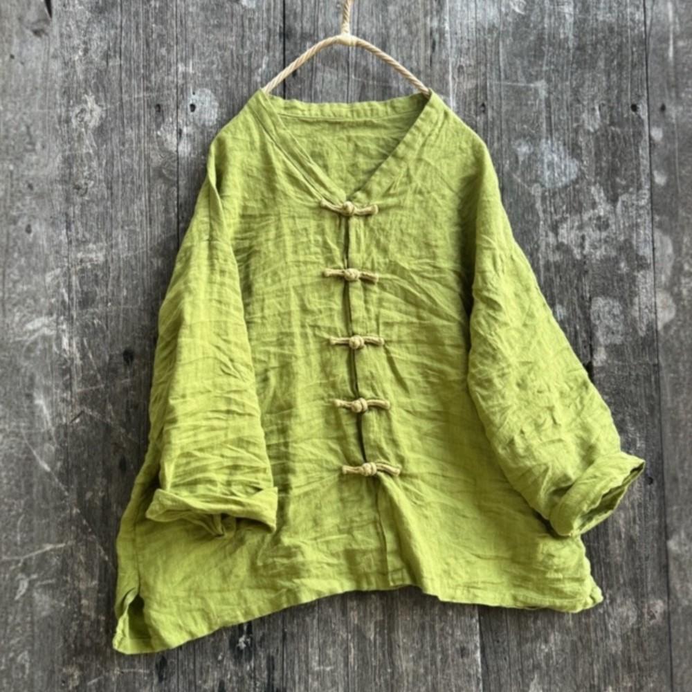 Johnature Женские винтажные рубашки однотонные стойка длинный рукав блузки осень пуговица свободный китайский стиль топ