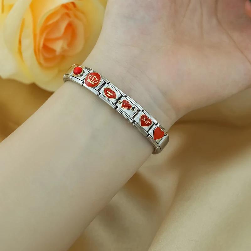 Hapiship 2024 женские красные глазурованные цветочные сердечки Kiss Me подвески итальянские звенья подходят для браслета из нержавеющей стали 9 мм изготовление ювелирных изделий ZH003