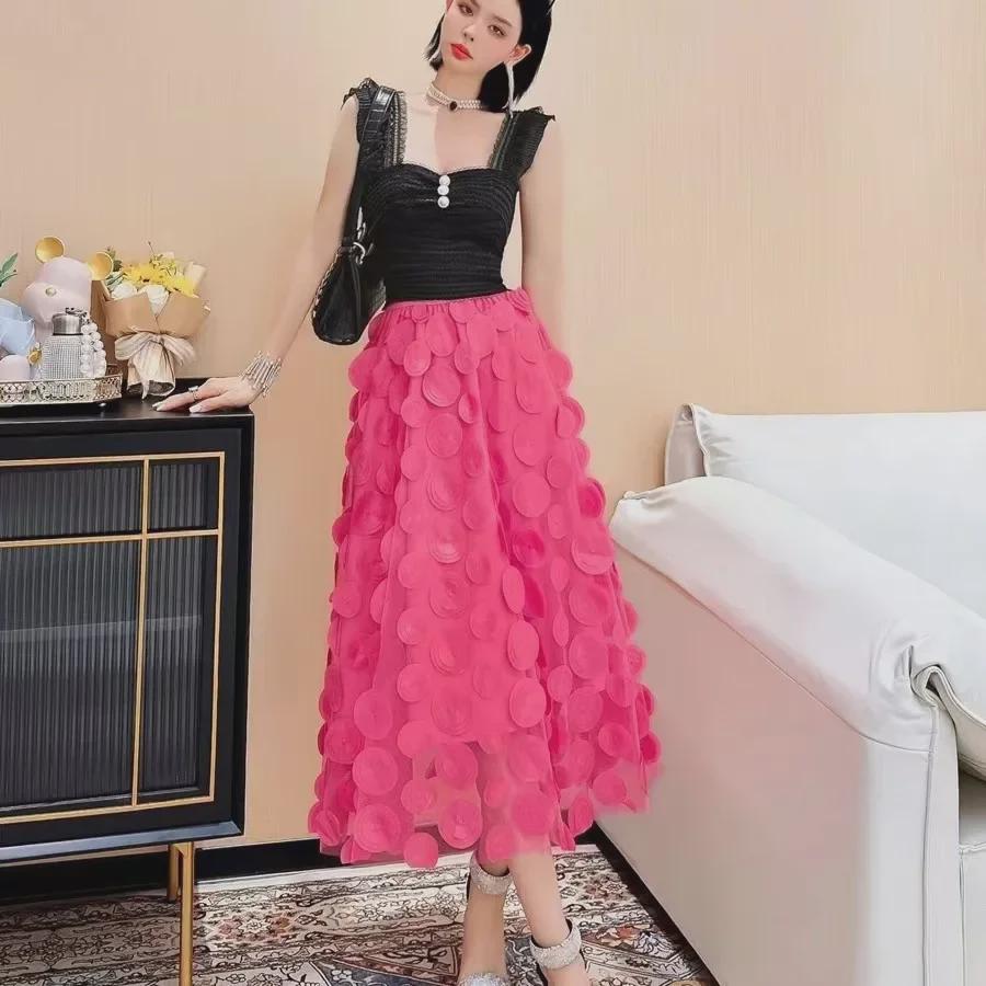 2024 Women's High Waist Polka Dot Embroidered Tulle Midi Skirt