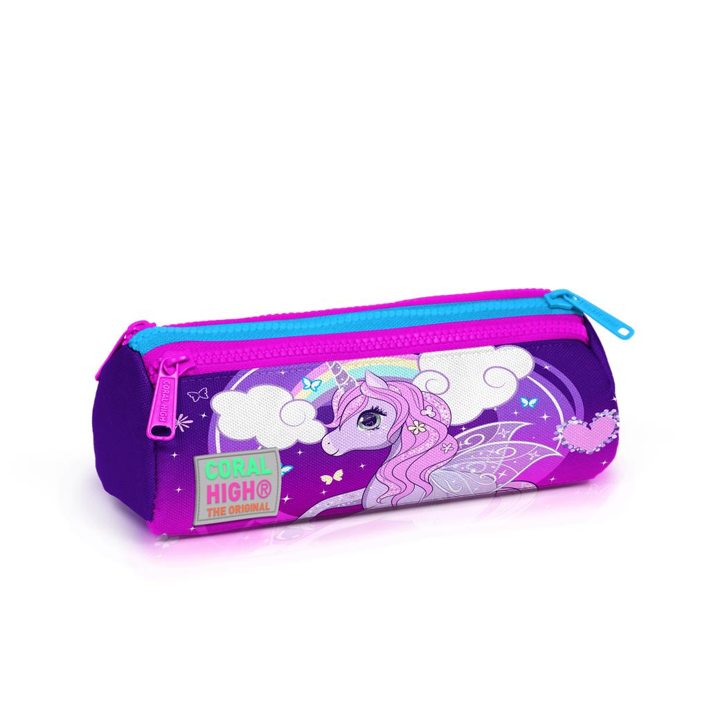 coral high Kids Purple Pink Unicorn Patterned Three Compartment Pencil Bag 22008