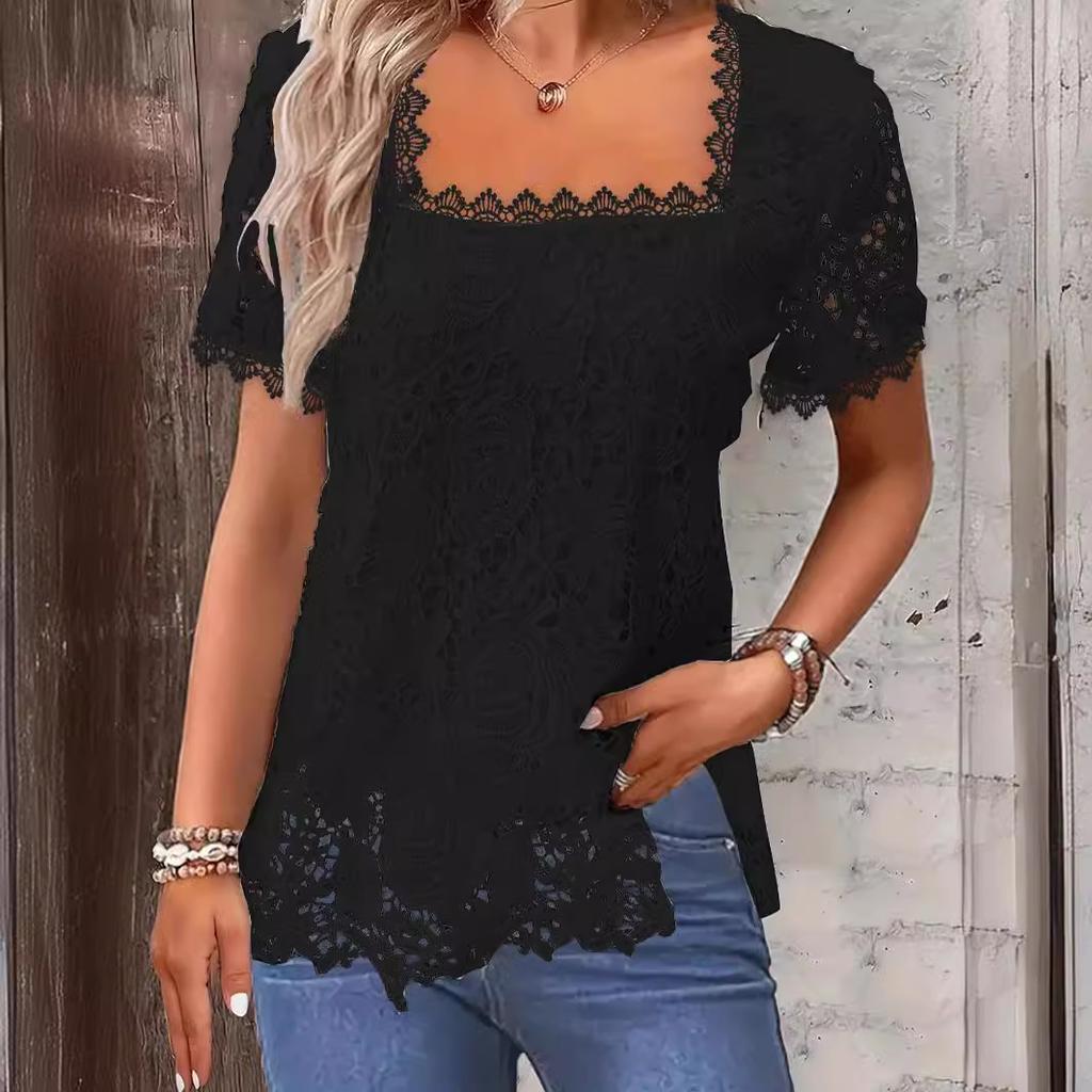 Летняя женская модная однотонная повседневная футболка с квадратным вырезом и короткими рукавами и кружевной отделкой