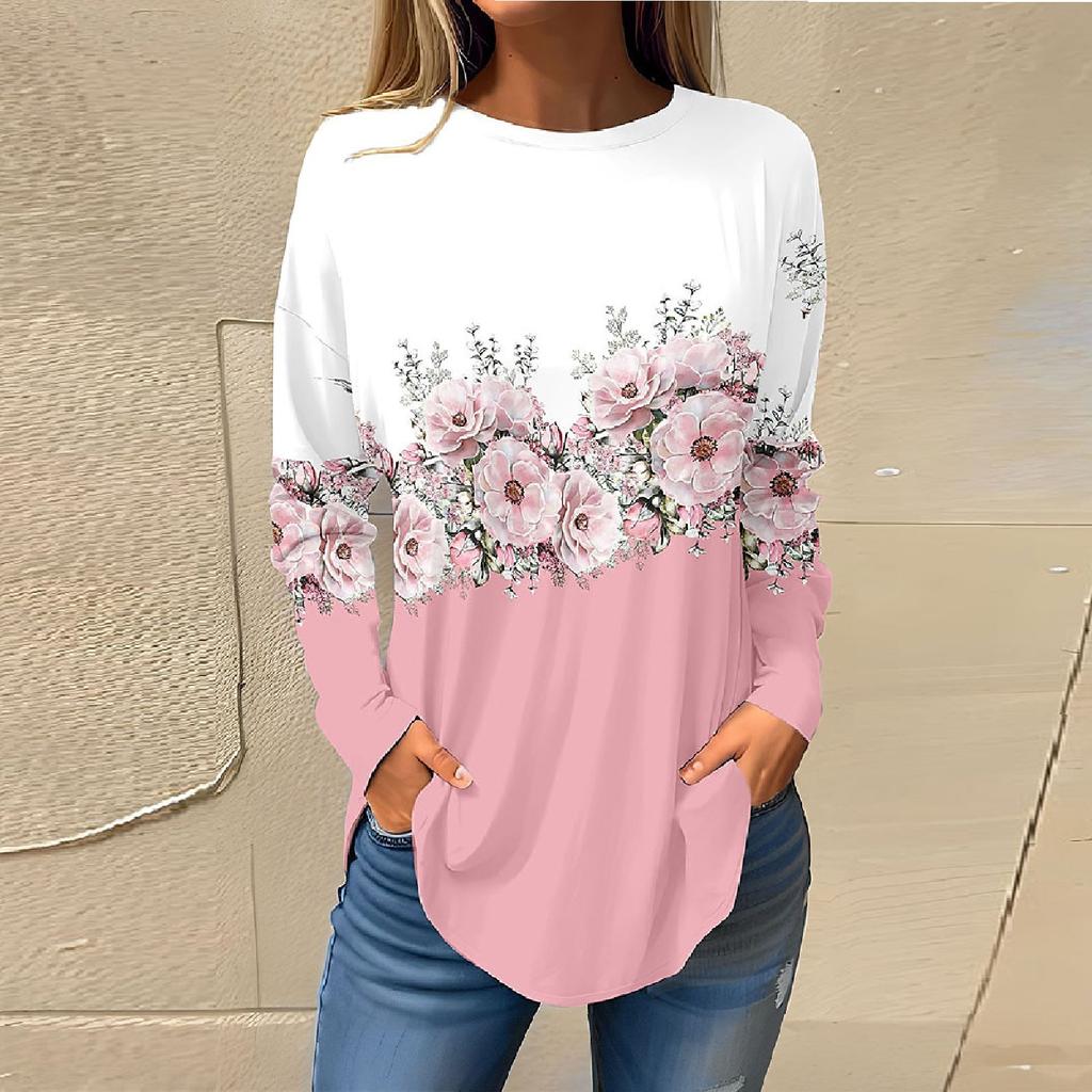 Tee Shirts For Women Fall Casual Long Sleeve Shirts Sweatshirt Retro Printing Top Pullover