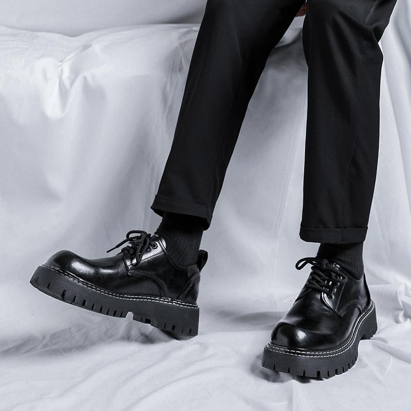 Fashion Derby Shoes Men PU Thick Soled Round Toe Workwear Large Toe Leather Shoes Sturdy Sewn Comfortable Non Slip Men Shoes