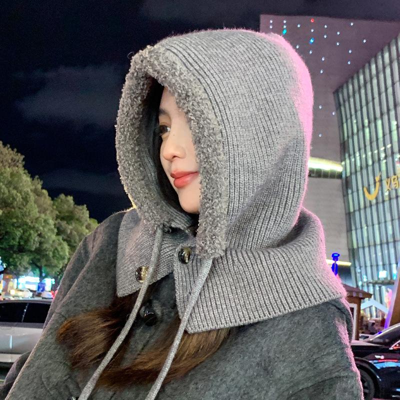 Новая осенне-зимняя плюшевая накидка, вязаная шерстяная шапка, теплая шапка для женщин, зимний шарф с интегрированной шапкой, ветрозащитная шапка с защитой ушей