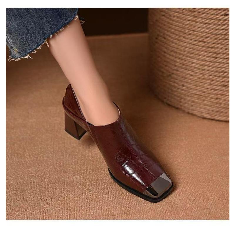 Металлическая головка универсальные туфли на высоком каблуке женские весенне-осенние новые туфли с квадратным носком и толстым каблуком с глубоким вырезом женская модная обувь
