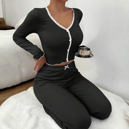 Womens Lace Trim Ribbed Knit Pajamas Set Long Sleeve Crop Top Wide Leg Pants Lounge Set 2 Piece Pjs Sleepwear