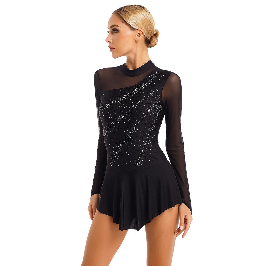 Женские танцевальные платья для фигурного катания со стразами, прозрачное сетчатое лоскутное платье-трико с длинными рукавами