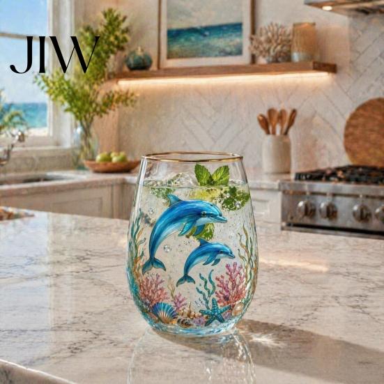 Unique Aesthetic Water Juice Whiskey Tumbler Ocean-Themed Glass Cup, Jellyfish/Dolphins/Sea Turtles/Octopus Hand-Painted, Thickened Drinking Versatile