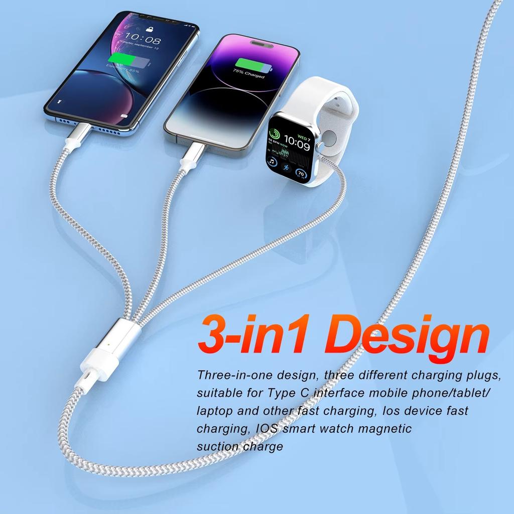 Factory 3-in-1 Braided Type-C Fast Charging Mobile Phone and Smart Watch Cable