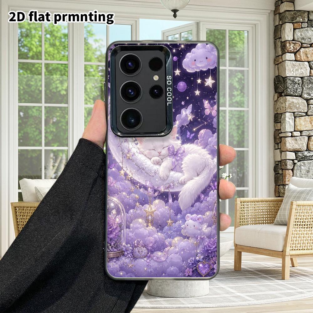 Phone Case: 2D Flat Samsung Galaxy A34 A35 M05 M06 S20 S22 S21 FE Plus 5G Protective Case, Couple Style, Purple Moon Sleeping Cat Fantasy, Christmas a