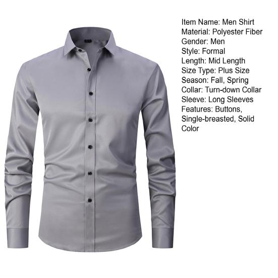 Men Spring Fall Dress Shirt Turn-down Collar Slim Fit Single-breasted Long Sleeves Pure Color Mid Length Young Formal Business Event Office Top