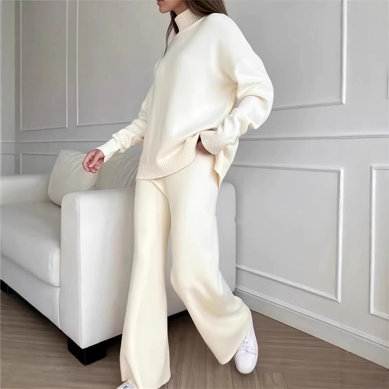 Womens Solid Color High Neck Knit Set Casual Loose Fit Wide Leg Pants Two Piece Outfit Winter